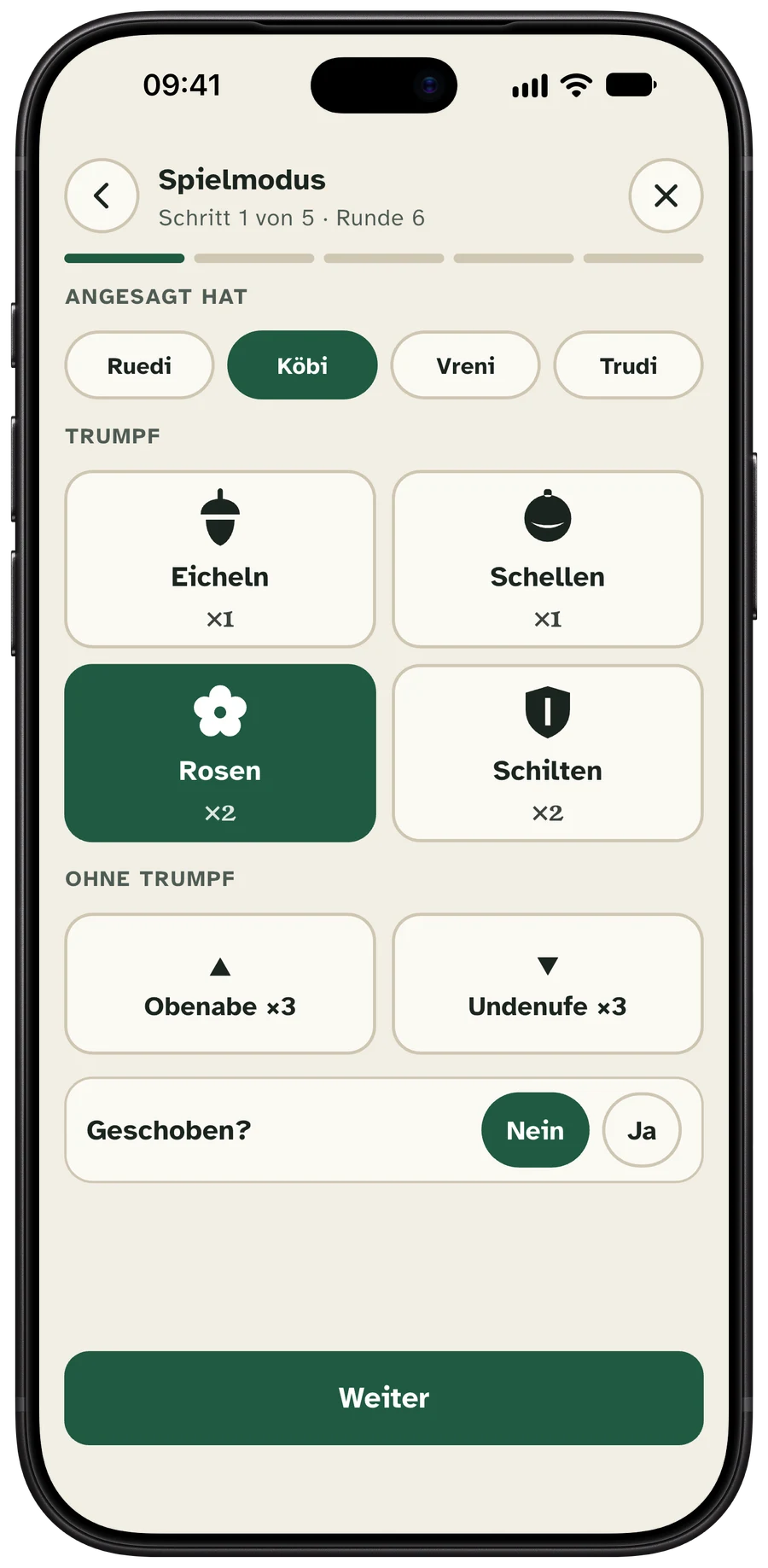 Spielmodus wählen: Eicheln, Schellen, Rosen, Schilten, Obenabe und Undenufe mit Multiplikator